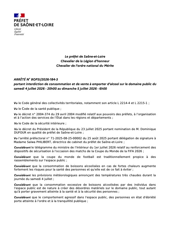 ARRETE INTERDICTION DE CONSOMMATION D'ALCOOL SUR LE DOMAINE PUBLIC